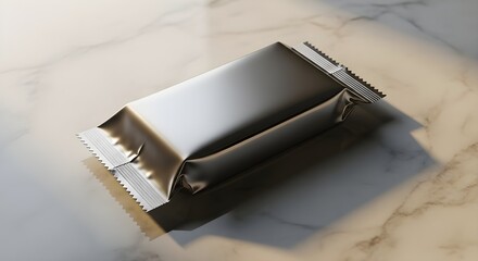 A single unwrapped chocolate bar with a foil wrapper on a marble surface overhead view