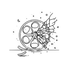 Broken film reel cinema movie industry concept shattered filmstrip abstract vector illustration design