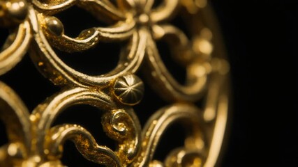 Closeup of ornate golden filigree against a black background. - Powered by Adobe