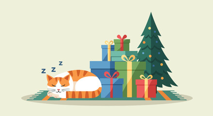 Fototapeta premium Sleeping Cat with Christmas Gifts and Tree Illustration.