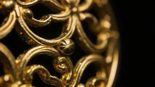 Closeup of ornate golden filigree against a black background.