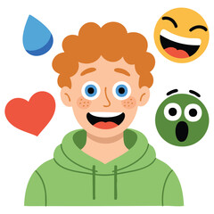 Child character surrounded by emotions management vector illustration