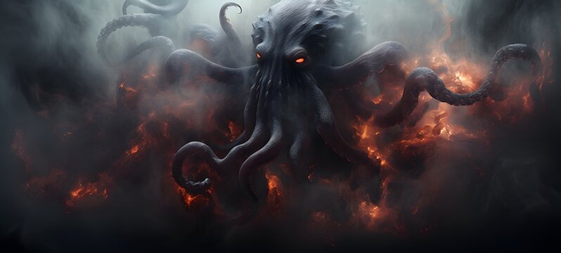 a light demonic kraken , coming out of the smoke
