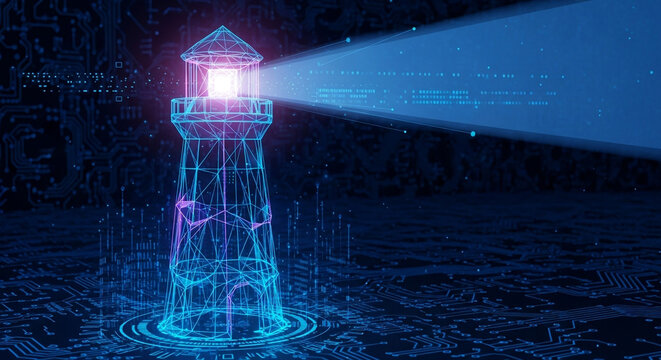 Illuminating digital future, modern wireframe lighthouse guides data flow through network, technology innovation, cyber security solution, data protection