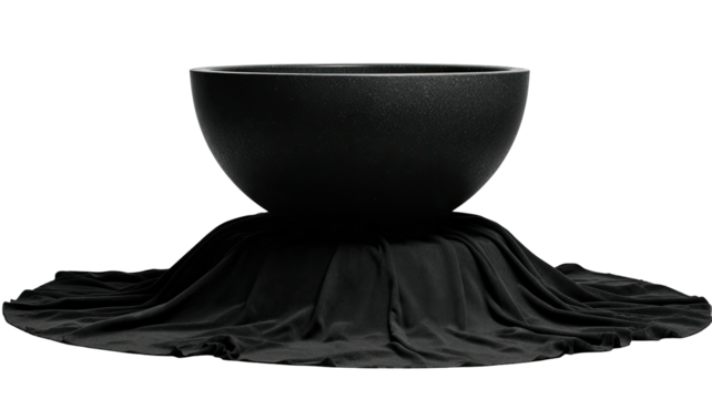 Dark round vessel sits atop draped fabric against stark black ground