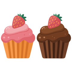 Sweet strawberry chocolate cupcake with birthday celebration theme isolated vector illustration