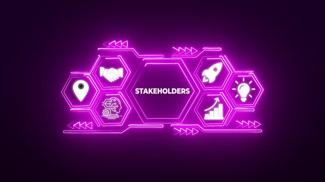 Neon Hexagon Network Stakeholders Business Icons Partnership Innovation Growth Rocket Launch