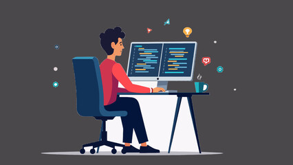 Programmer Working at Desk Vector Illustration