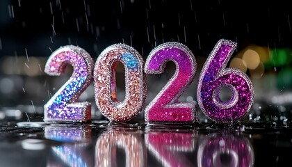 Sparkling glittery 2026 numbers reflecting on wet surface with bokeh lights