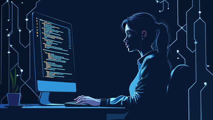 Female Programmer Coding in Dark Mode Vector Illustration