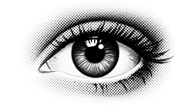 Intriguing eye artwork in bold black and white halftone pattern, perfect for modern designs with a touch of vintage flair, looking forward