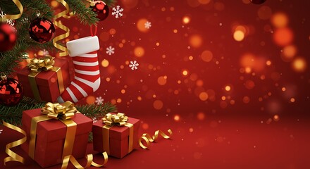 Christmas scene with red gift boxes, stockings, and ornaments on a festive red background with bokeh lights