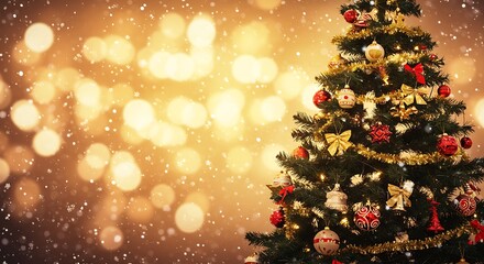 Decorated Christmas tree with ornaments and golden lights against a bokeh background