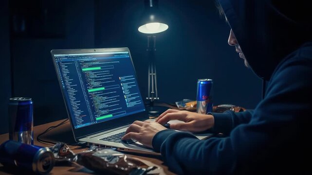 A hacker in a hoodie types on a laptop in a dark room, surrounded by energy drinks and snacks