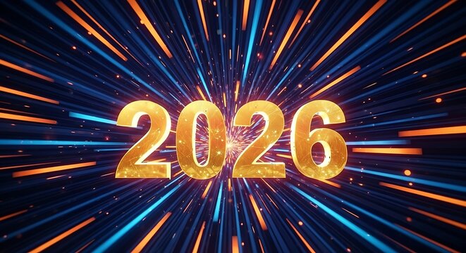 Golden 2026 numbers exploding with light streaks against dark background