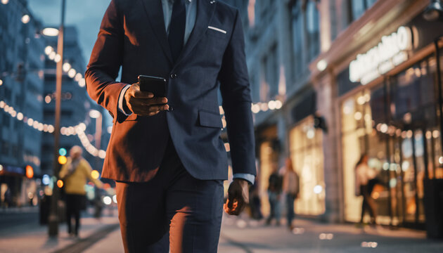 Businessman walking confidently in city street at dusk, wearing formal suit and tie, using smartphone for mobile wallet transaction, urban lights and shops in background - Powered by Adobe