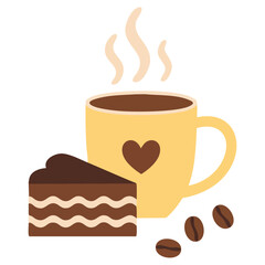 Hot coffee with sweet cake treat isolated vector illustration on white background