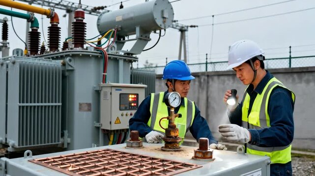 Medium shot of technicians inspecting transformers within an electrical substation highlighting detailed equipment and power distribution components.