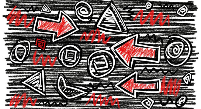 Dynamic hand drawn graphic elements with bold arrows, geometric shapes, and scribbled lines creating a vibrant, energetic abstract pattern