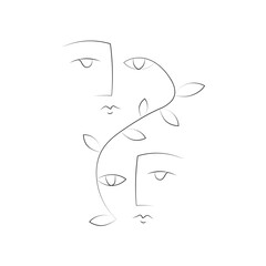 Abstract One Line Faces with Botanical Elements Illustration