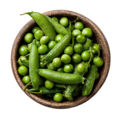 Green peas and pods fill a wooden bowl, overhead shot