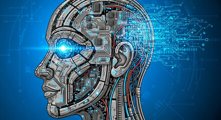 Stunning robotic head with glowing blue eye and intricate circuit board brain, symbolizing artificial intelligence and technological advancement