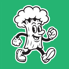 Cheerful cartoon broccoli character running with a smile, perfect for healthy eating campaigns and children's education, radiating fun and a positive message