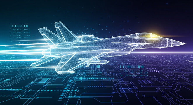 Dynamic fighter jet visualized with glowing digital wireframe, soaring through futuristic circuit board landscape, representing advanced aerospace technology and innovation.