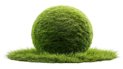  Green spherical landscape with lush grass and miniature terrain creating a unique 3D nature scene isolated on white background