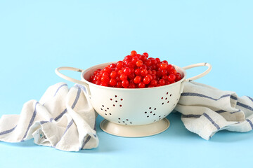 Colander with fresh viburnum berries on blue background