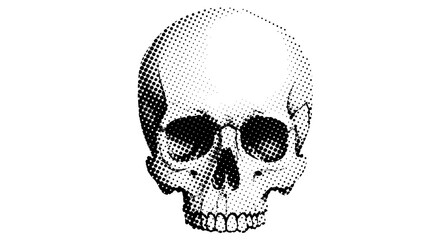 Striking halftone skull graphic captures attention with its bold black and white artistic representation, perfect for edgy designs and impactful statements.
