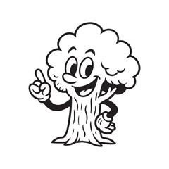 Friendly tree character cartoon pointing up, perfect for adding a whimsical touch to educational materials or fun design projects, instantly appealing!