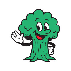 Cute tree cartoon character waving hello, ready for nature themed designs or friendly mascot projects with a vintage, retro style and cheerful personality