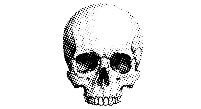 Striking halftone skull graphic captures attention with its bold black and white artistic representation, perfect for edgy designs and impactful statements.