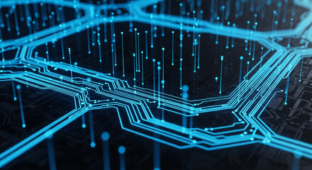 Dynamic glowing blue circuit board pathways illuminate a futuristic digital network, representing innovation and complex data flow.