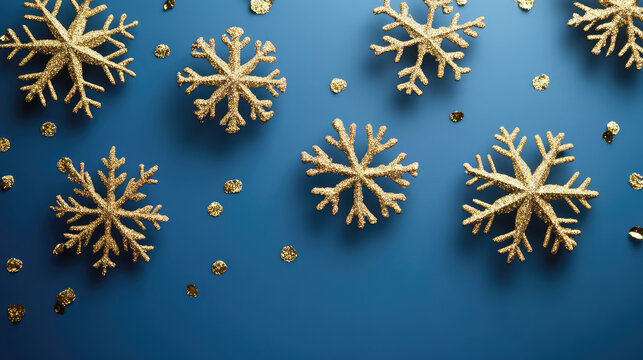 Christmas background image. Gold snowflakes and blue background.