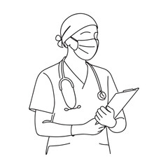 Dedicated healthcare worker in mask holding patient chart, providing essential medical care and support during challenging times, line art