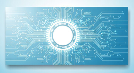 Modern digital circuit board background with glowing data streams and central processing hub, symbolizing innovation and connectivity