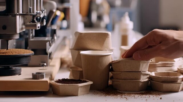 Medium shot of compostable packaging production line showcasing innovative printing techniques on ecofriendly materials designed for quick decomposition.