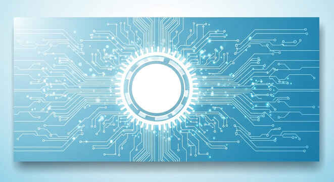 Modern digital circuit board background with glowing data streams and central processing hub, symbolizing innovation and connectivity - Powered by Adobe
