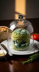 A green and blue marbled cheese wheel under a glass cloche on a white plate, surrounded by fresh vegetables and herbs, with bread and butter on a dark wooden table