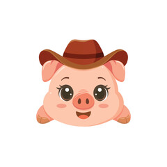 Cute cartoon pig wearing a brown cowboy hat, smiling happily with big shiny eyes, perfect for farm or western themed design.