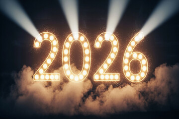 Golden lightning bolt over water with stormy sky background for year twenty twenty six concept art