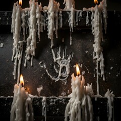 A close-up of a black surface with melted white candles and a hand-drawn smiley face created with wax drippings, giving a spooky and artistic appearance