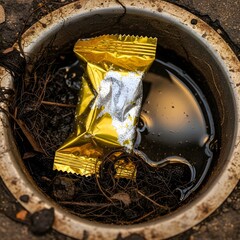 A discarded crumpled gold foil wrapper floating in dirty water inside a drain surrounded by soil and debris