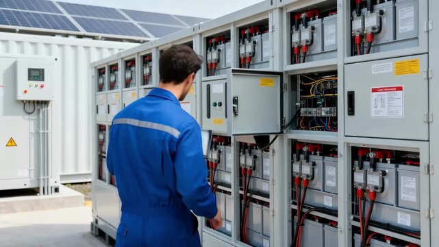 Medium shot of a technician inspecting modular battery storage components illustrating easy maintenance and adaptability in renewable energy integration.