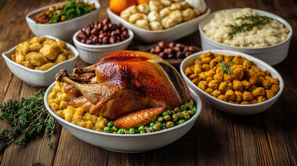 traditional thanksgiving dinner, food photo of bowls filled with thanks giving meal with roast turkey and other foods on a wooden table