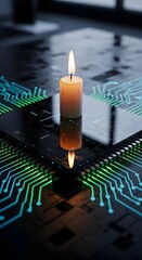 A lit candle placed on a digital circuit board with glowing lines, creating a contrast between traditional and modern technology themes