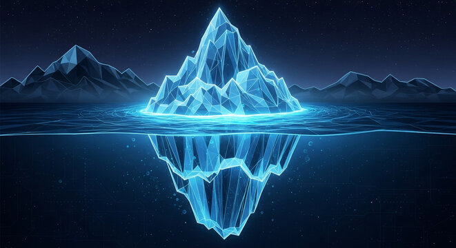 Stunning abstract iceberg glows with vibrant blue light against a starry night sky, symbolizing vast, hidden potential and digital frontiers.