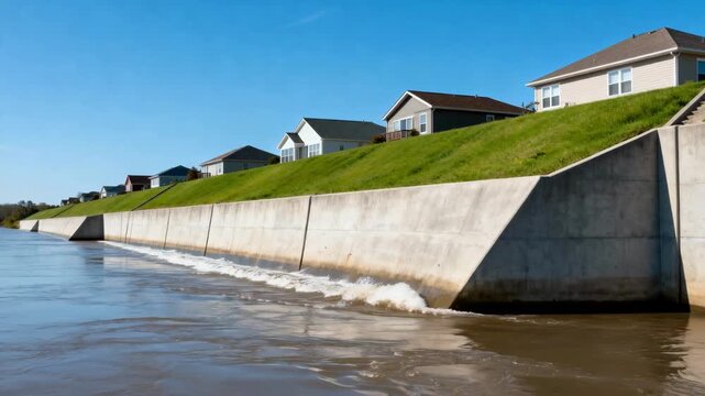 Medium shot of engineered levees protecting residential areas from floodwaters with clear sky in the background.